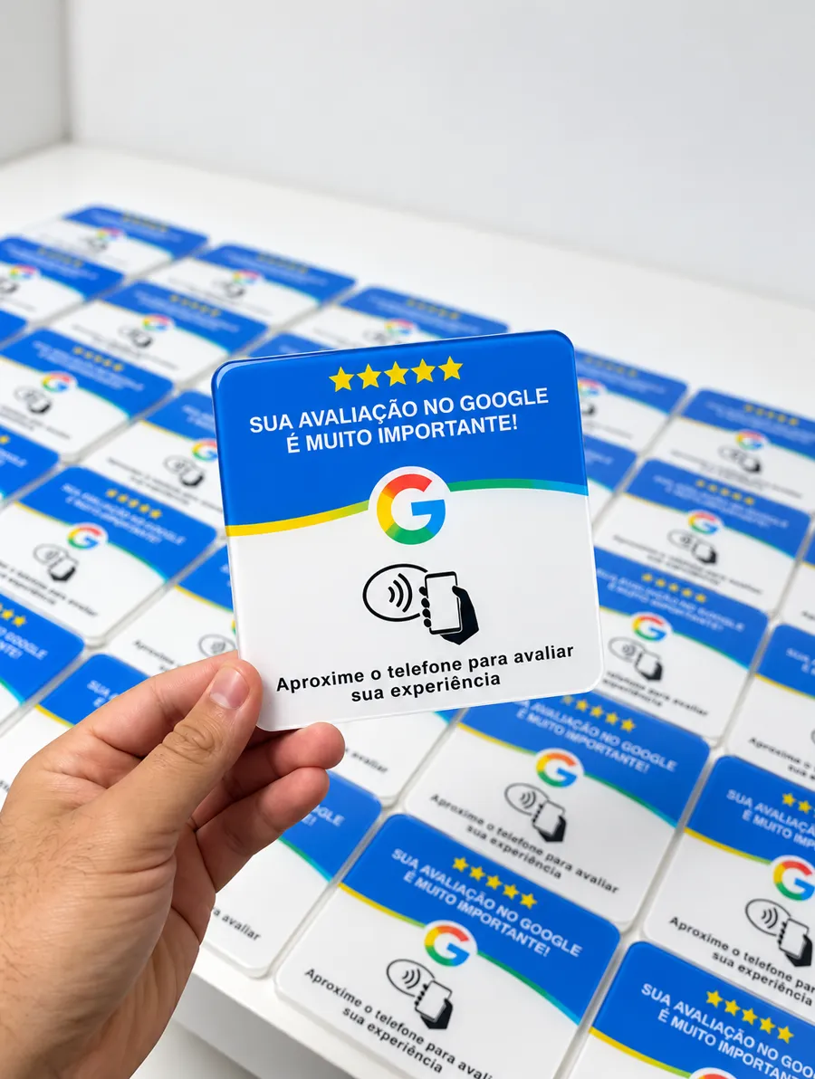 Várias plaquinhas de avaliação espalhadas sobre a mesa, com uma na mão